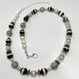 Stunning Agate Picasso Jasper Freshwater Pearl Beaded Necklace Silver Plated